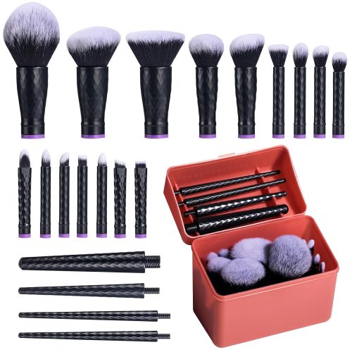 Travel Makeup Brushes – Professional and Durable 16-piece Set Detachable Rotating Handles, Eco-Friendly Design, Comes with Storage Barrel(Black case)