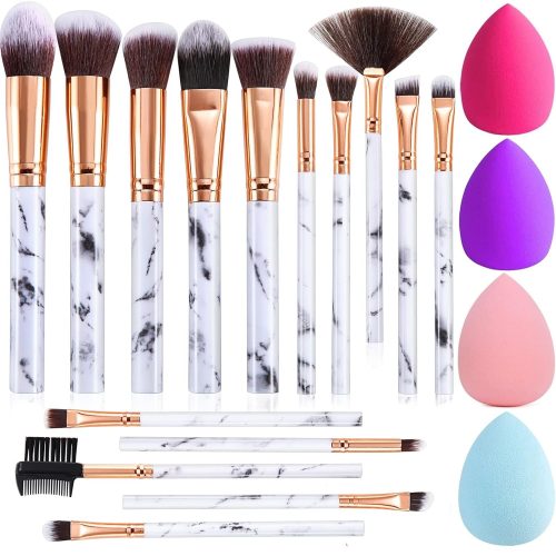 Makeup Brushes  15PCs Marble Makeup Brush Set Premium Synthetic Kabuki Powder Blush Contour Foundation Concealer Eyeshadow Brushes with Makeup Sponge Make up Tool A Grey