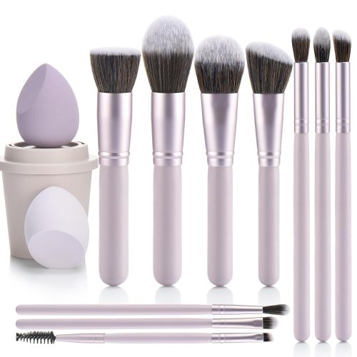 Purple 10Pcs Makeup Brushes, Wooden Makeup Brush set And Sponges And Water Filter Cup，Soft Make up Brush For Women/Girls, For Powder Foundation Eye Shadow Concealer, Etc., (Purple 13Pcs)
