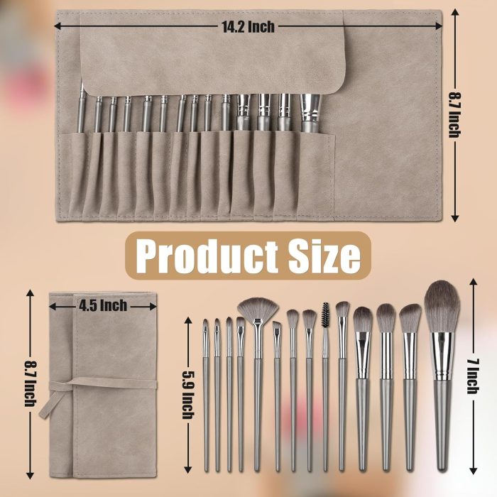 14 Pcs Makeup Brush Set, Professional Eye and Face Foundation Brush Set, Eyeshadow Brushes, Cosmetic Brushes, with Pu Bag, Grayish - Image 2